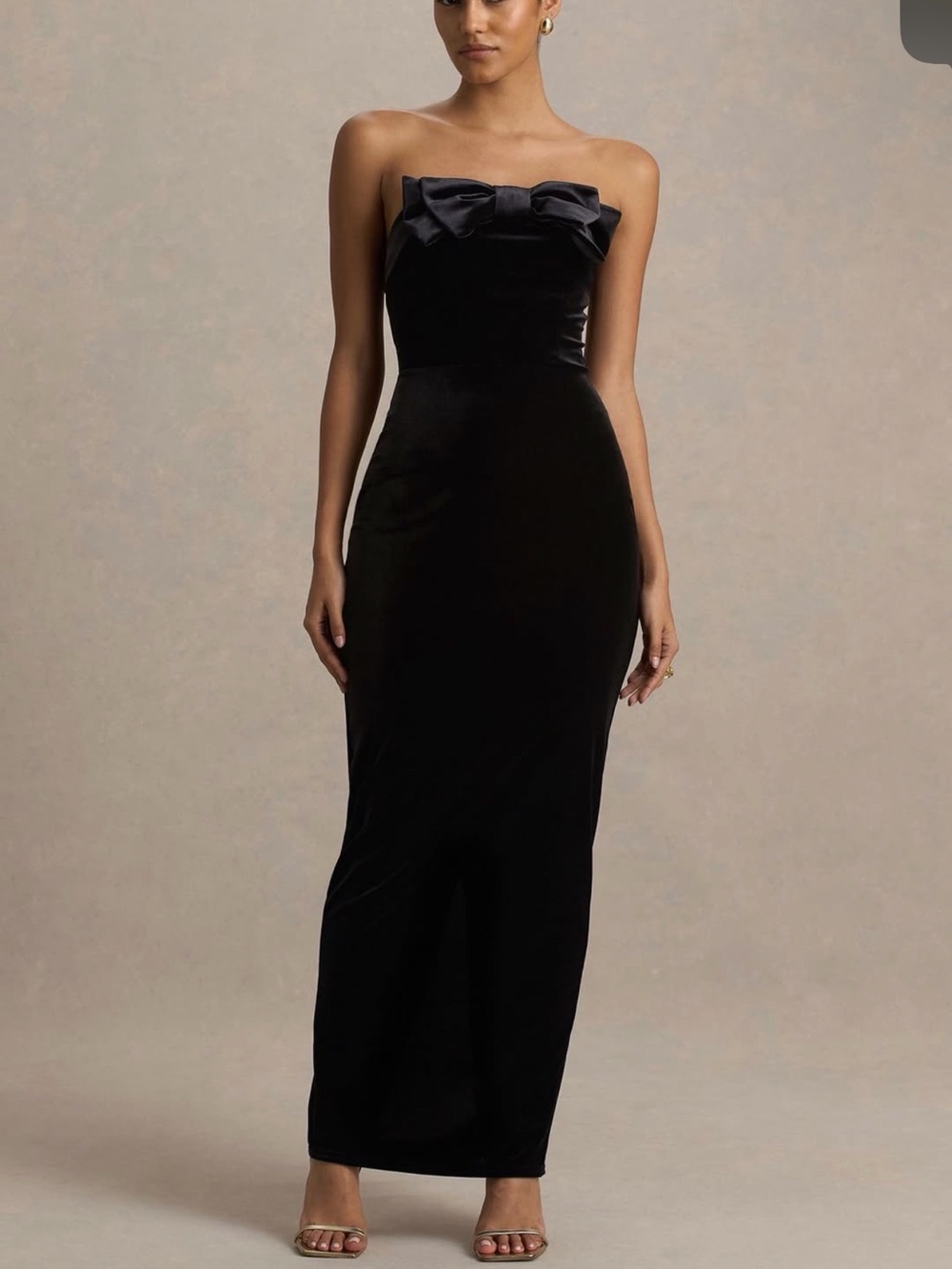 Club L London Strapless Black Velvet Gown with Bow Detail